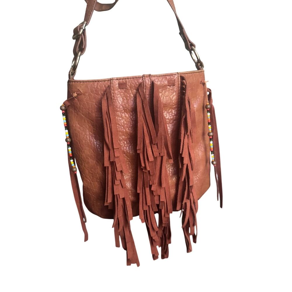 Jessica Simpson Bohemian Brown Leather Fringe And Beads Crossbody Shoulder Bag